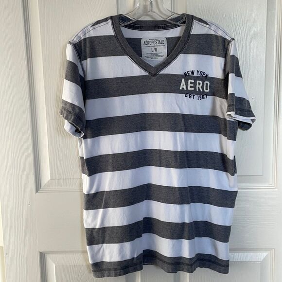 Mens Aēropostale V-Neck Gray & White Stripe Tee, L - Picture 1 of 5